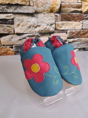 Teal Baby Walker Shoes with Pink Flower Accent by